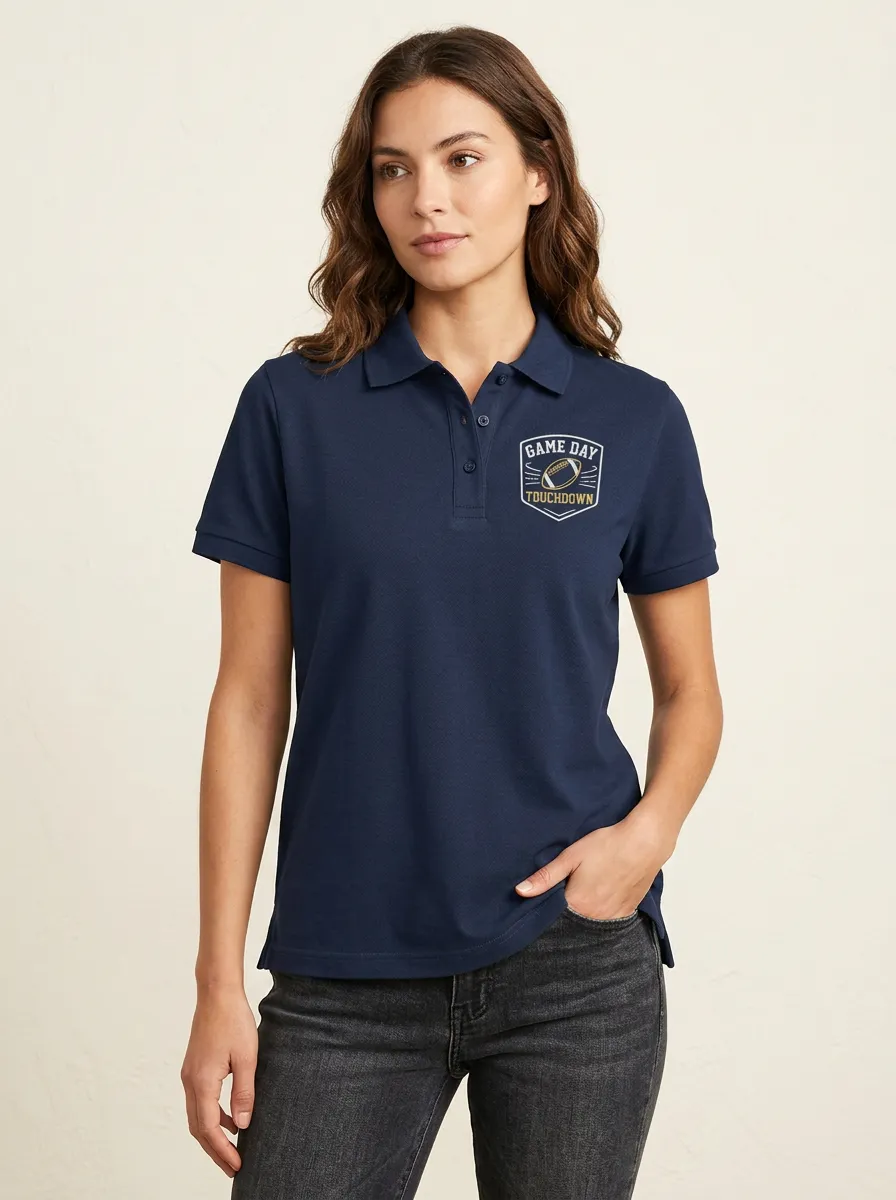 Women's American Football Fan Game Day Touchdown Printed Polo Shirt