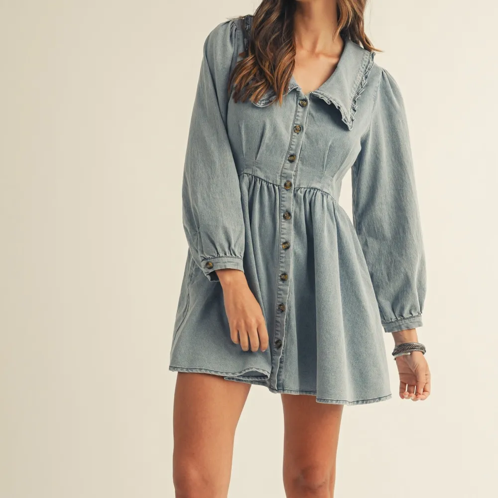 Denim Ruffle Detail Long Sleeve Dress