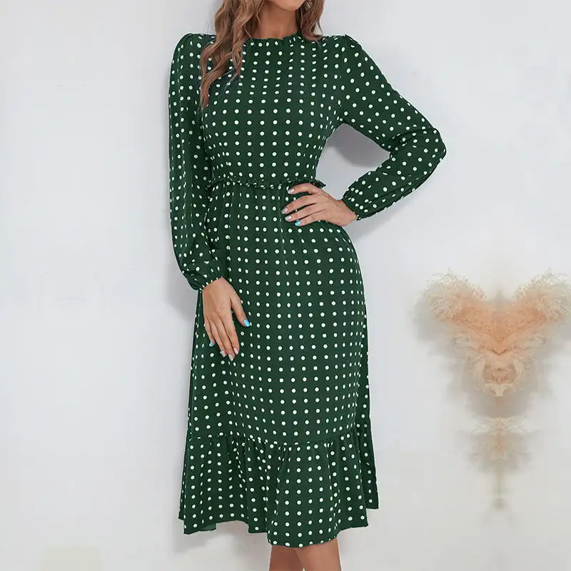 Women's Long-Sleeve Polka-Dot Ruffled Evening Maxi Dress