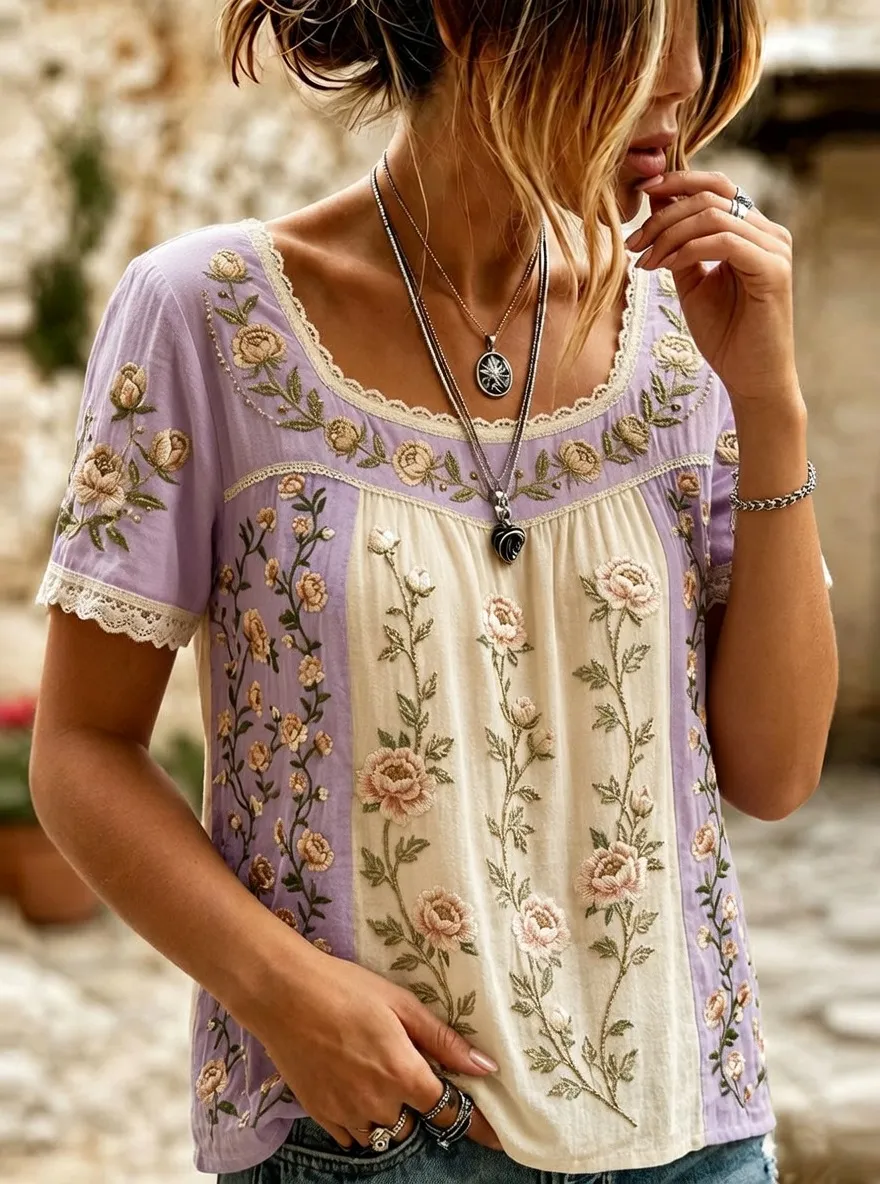 Women's Boho Floral Embroidered Vintage Style Printed T-shirt