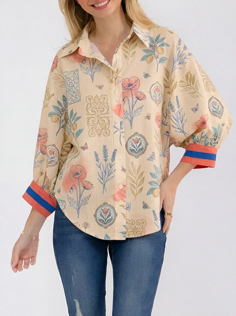 Women's Botanical Floral Poppy Printed Button Down Shirt