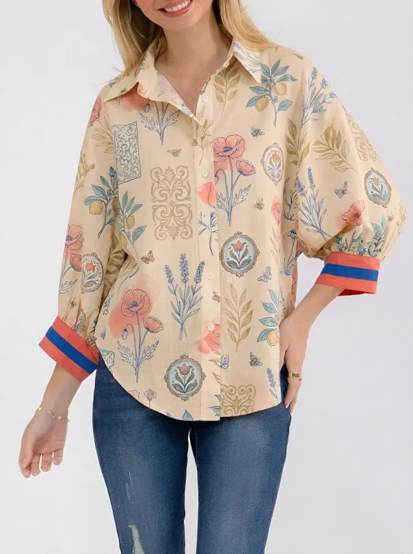 Women's Botanical Floral Poppy Printed Button Down Shirt