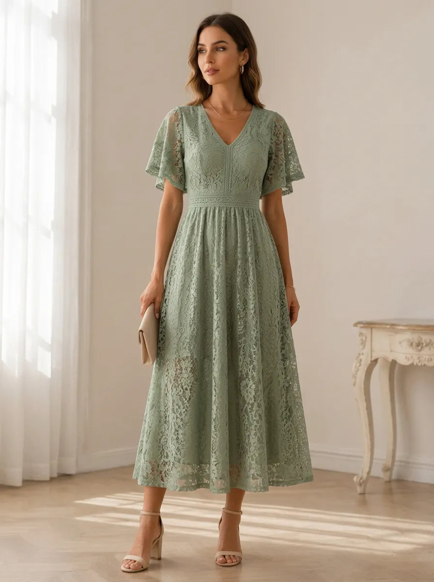 Women's Elegant Sage Green Floral Lace V-Neck Flutter Sleeve Midi Dress