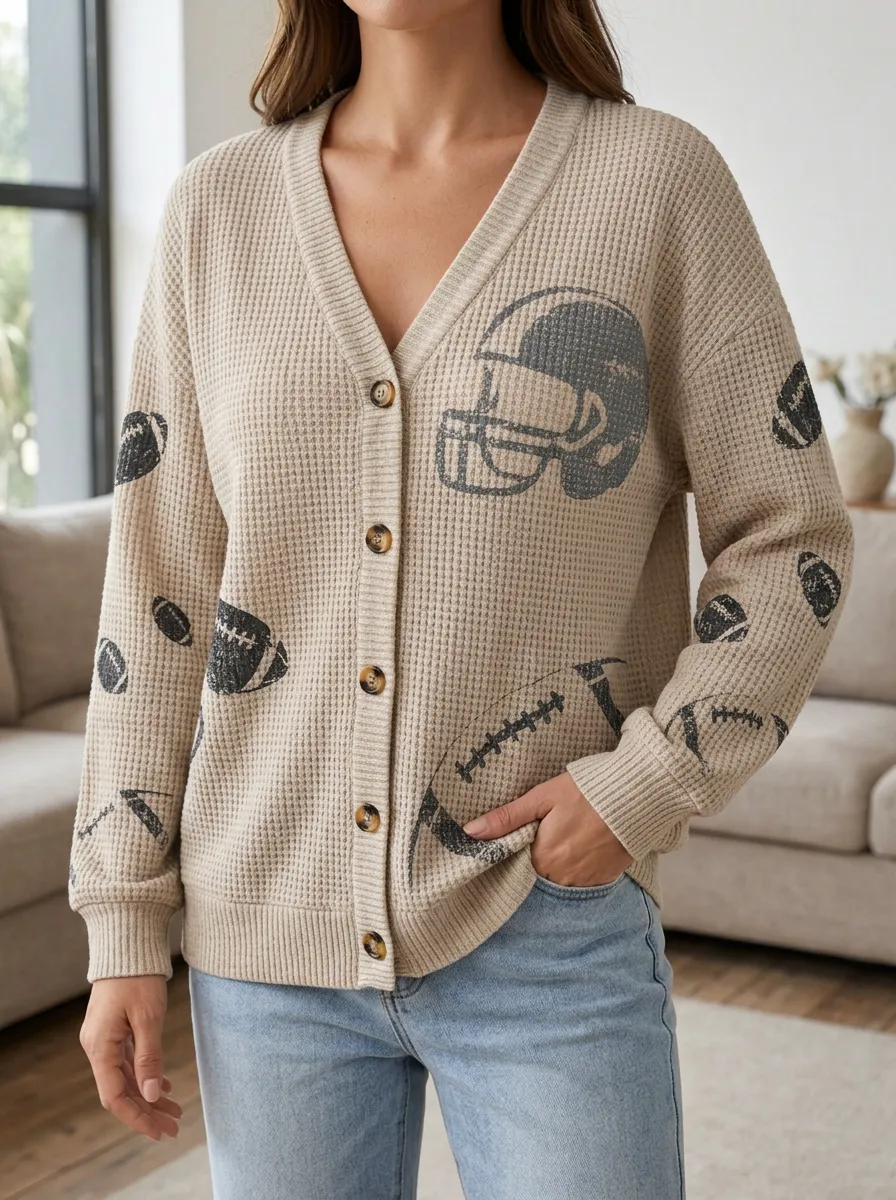 Women's Stadium Football Fan Helmet and Ball Printed Waffle Knit Cardigan