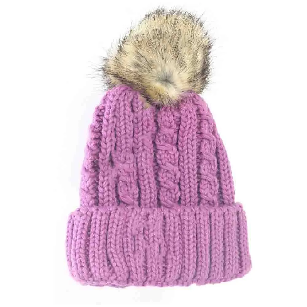 Cable Ribbed Fur Pom Beanie