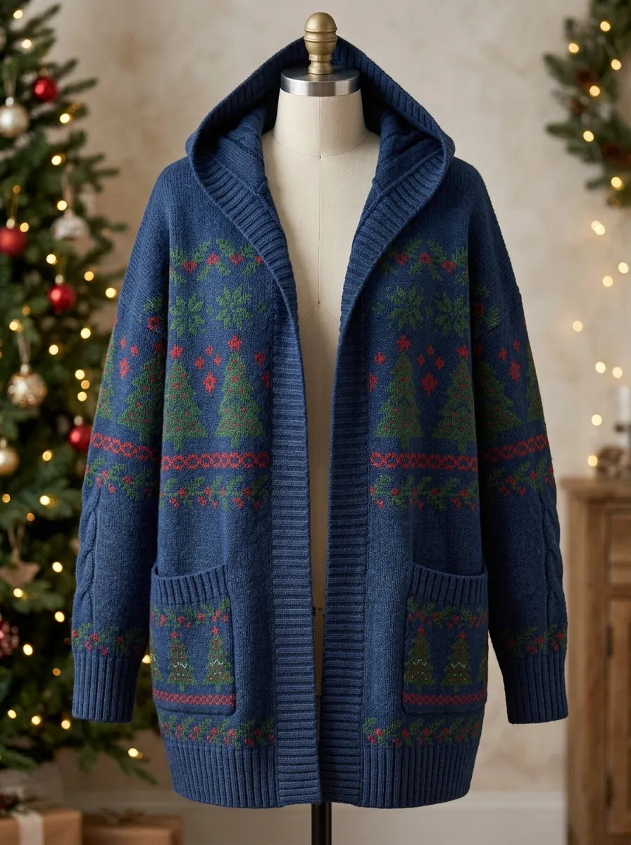 Christmas Tree Snowflake Pattern Print Hooded Cardigan