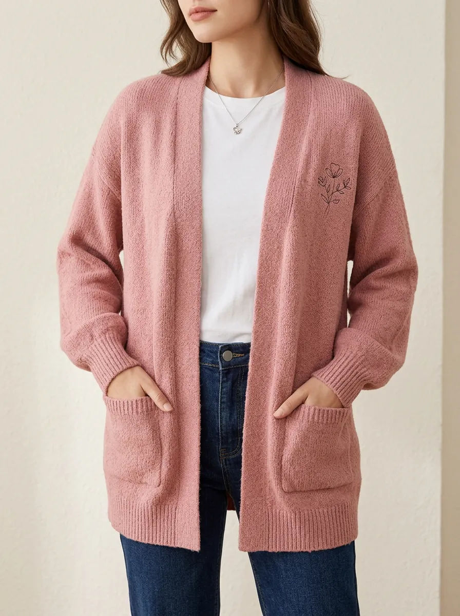Women's Minimalist Floral Line Art Pink Printed Knit Cardigan
