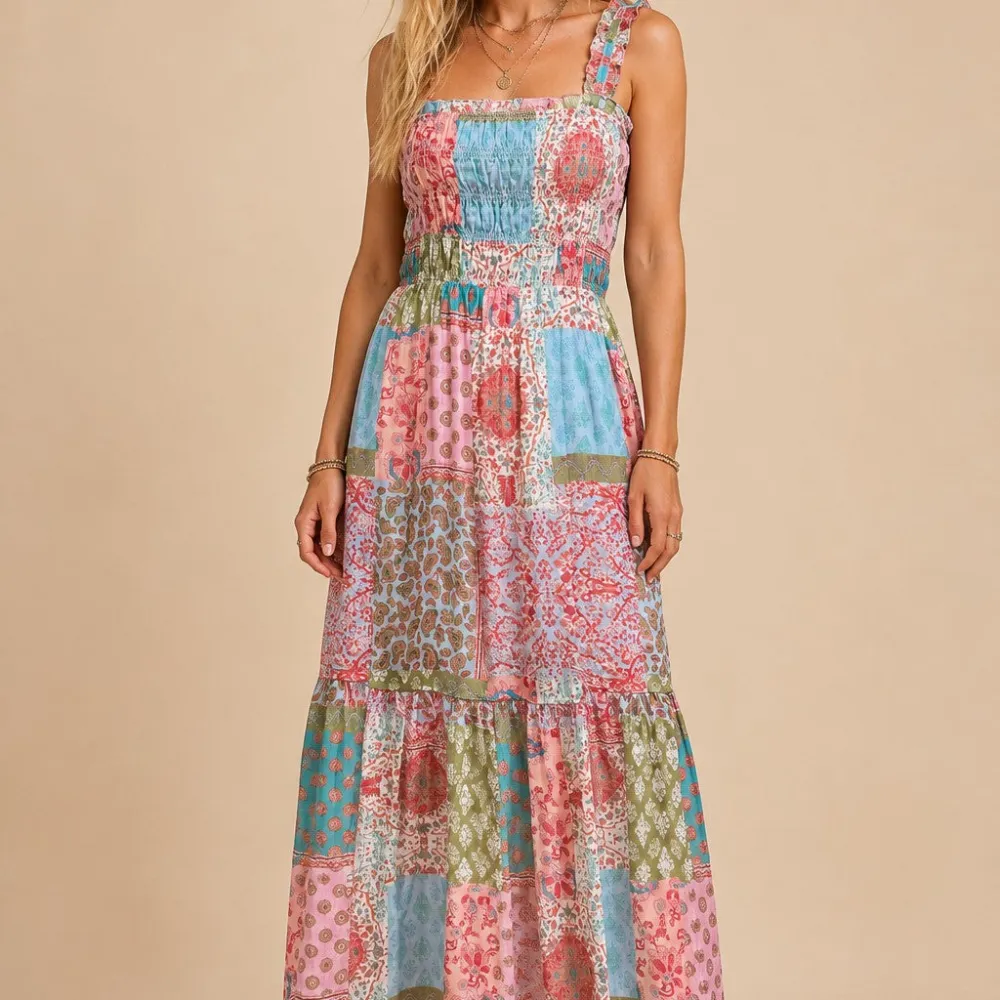Smocked Tiered Patchwork Dress