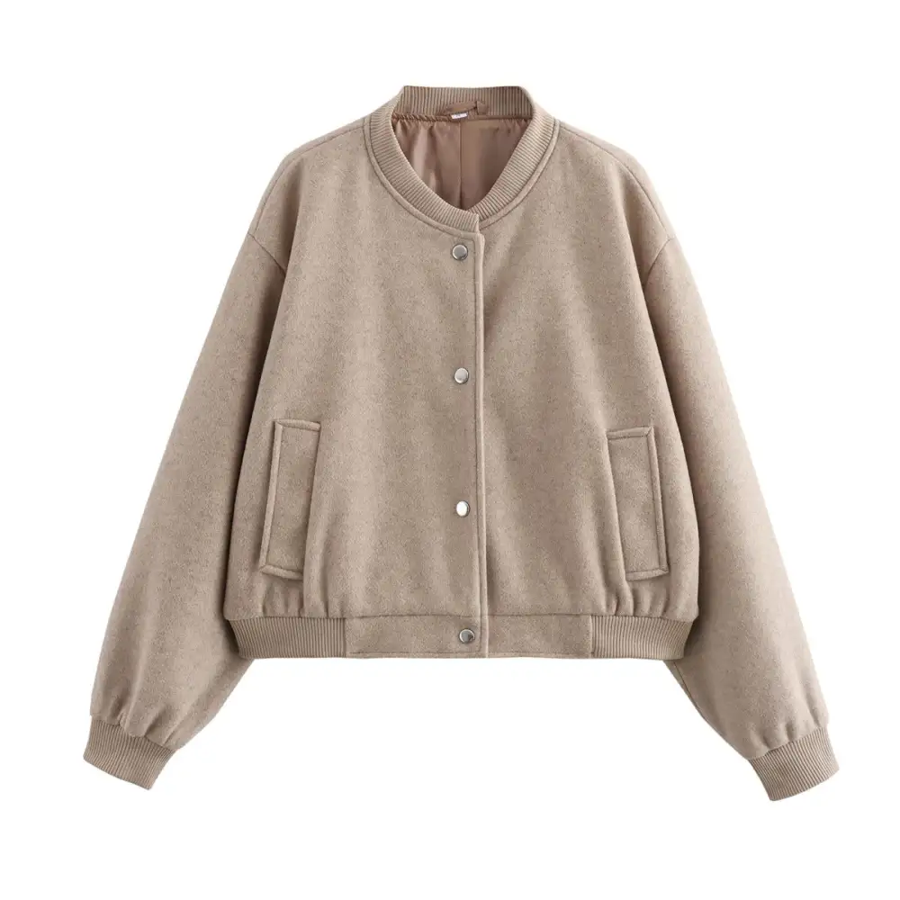 Cropped Velvet Touch Snap Front Ribbed Trim Bomber Jacket