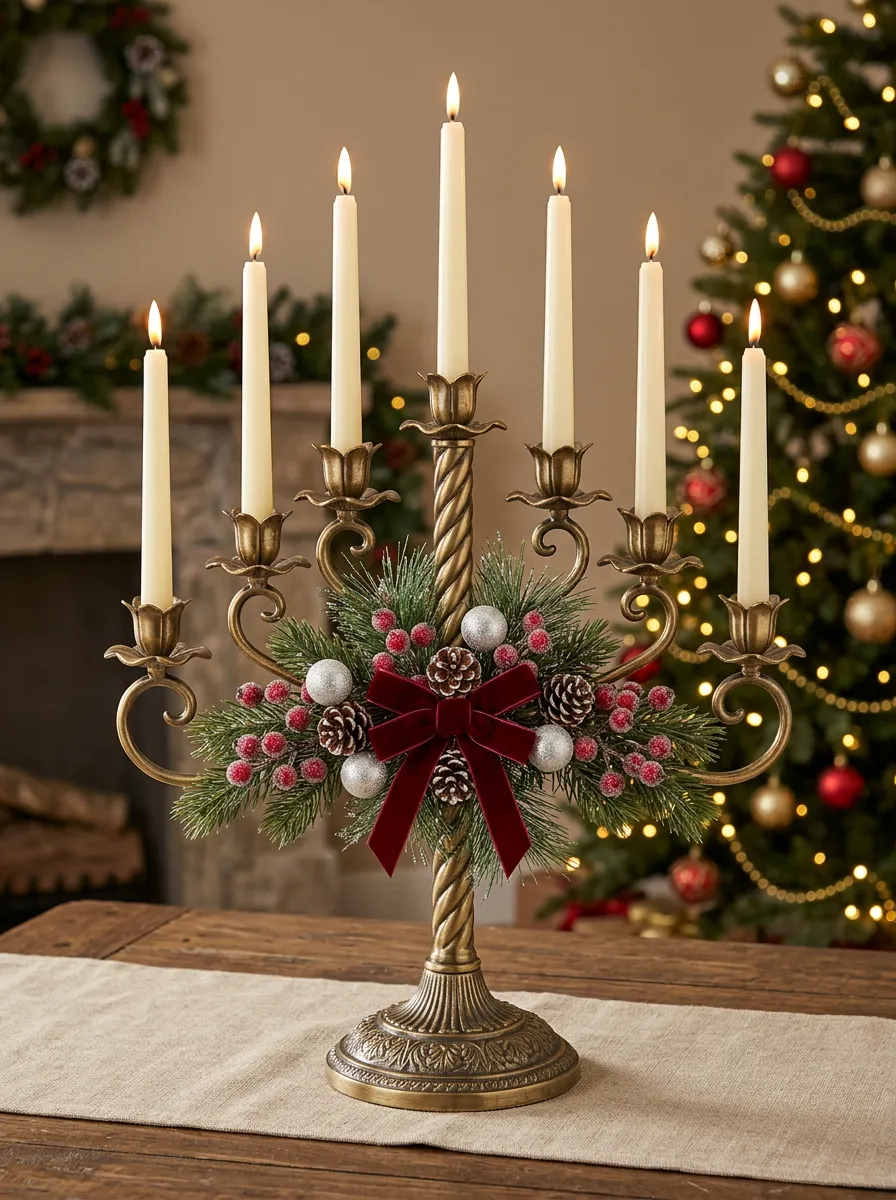 Pine Berry Velvet Bow Printed Candelabra
