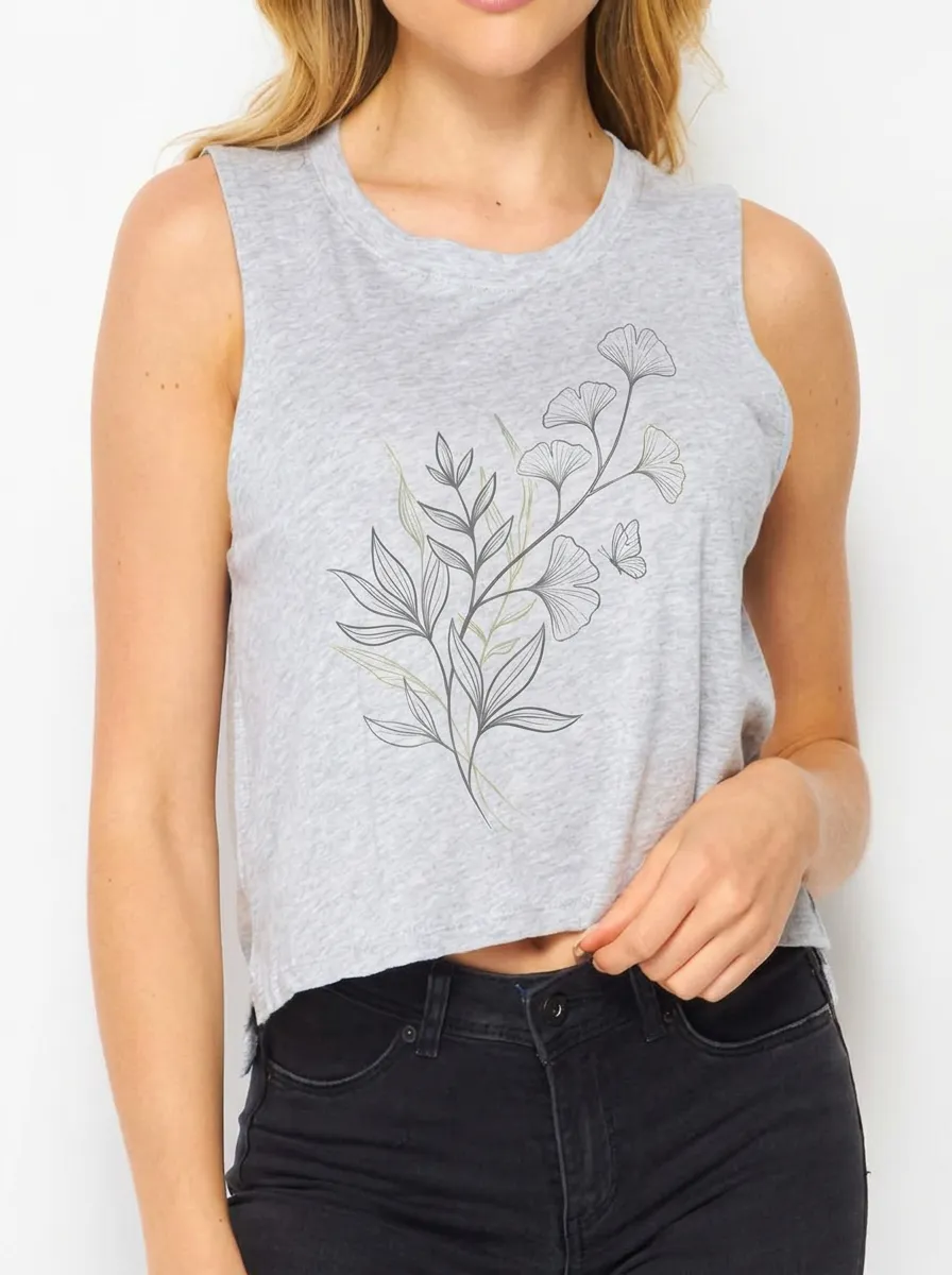 Women's Botanical Nature Lover Ginkgo Leaf Butterfly Printed Crop Tank Top