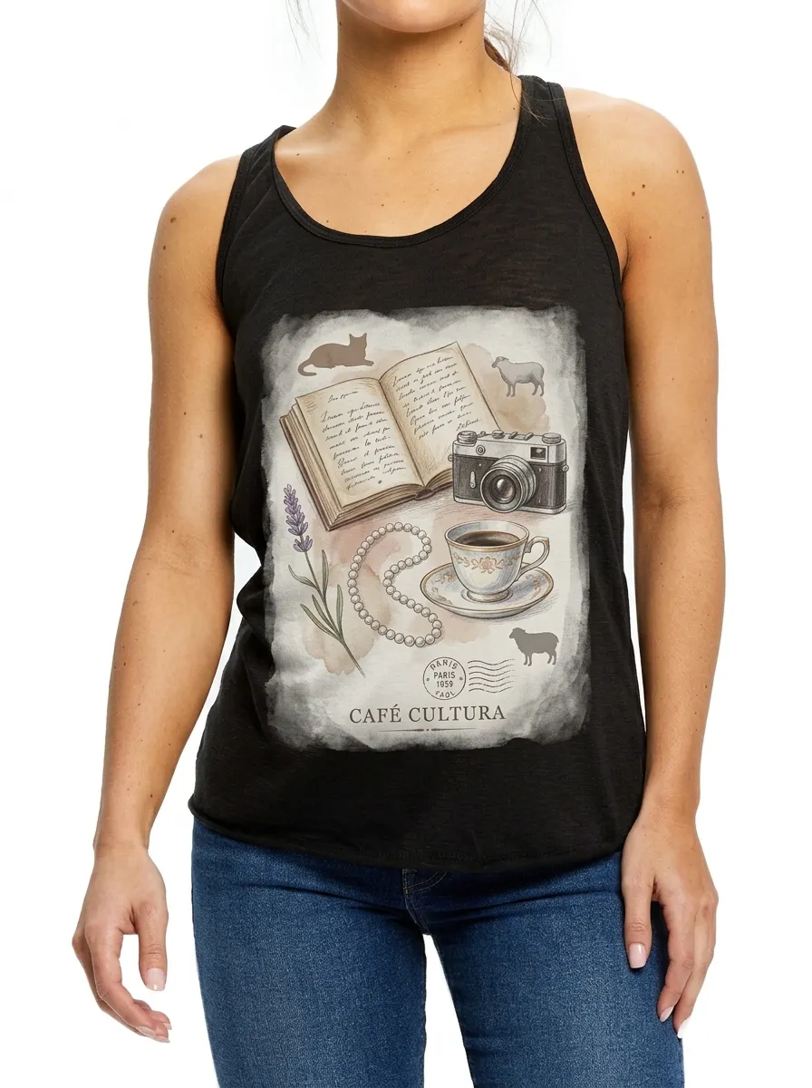 Women's Cafe Cultura Book Camera Coffee Printed Tank Top