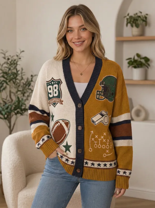 Women's Stadium Inspired Gridiron Helmet Ball Knit Cardigan