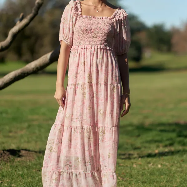 Modern Floral Chiffon Smocked Tiered Dress