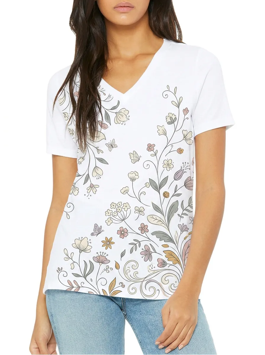 Women's Floral Butterfly Botanical Printed V-Neck T-Shirt