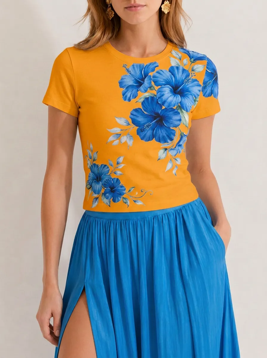 Women's Floral Lover Blue Hibiscus Printed T-shirt