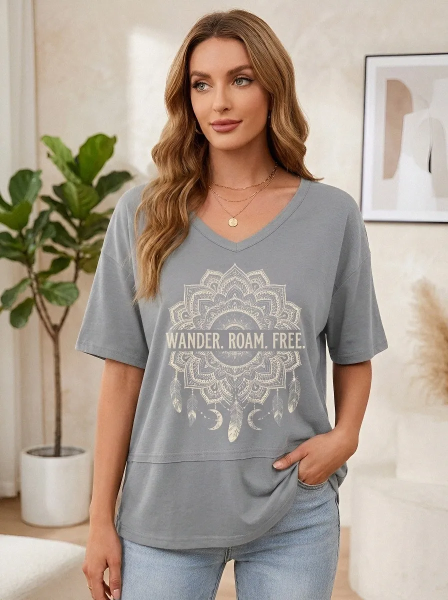 Women's Boho Wander Roam Free Mandala Feather Printed T-shirt