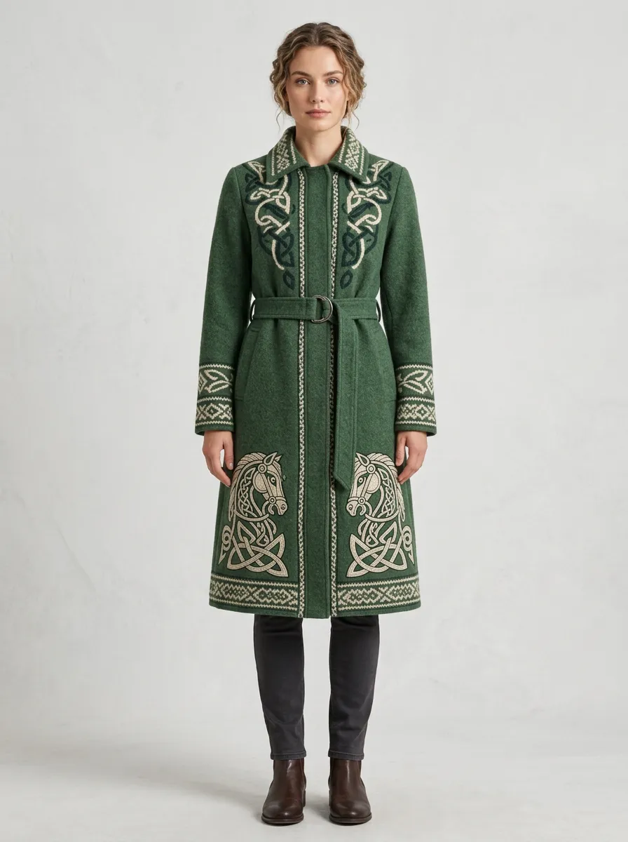 Women's Viking-Inspired Celtic Horse Embroidered Belted Coat
