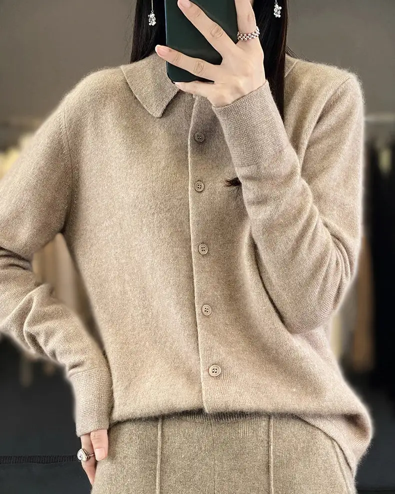 Mink-Cashmere Cashmere Button-Front Polo-Collar Cardigan