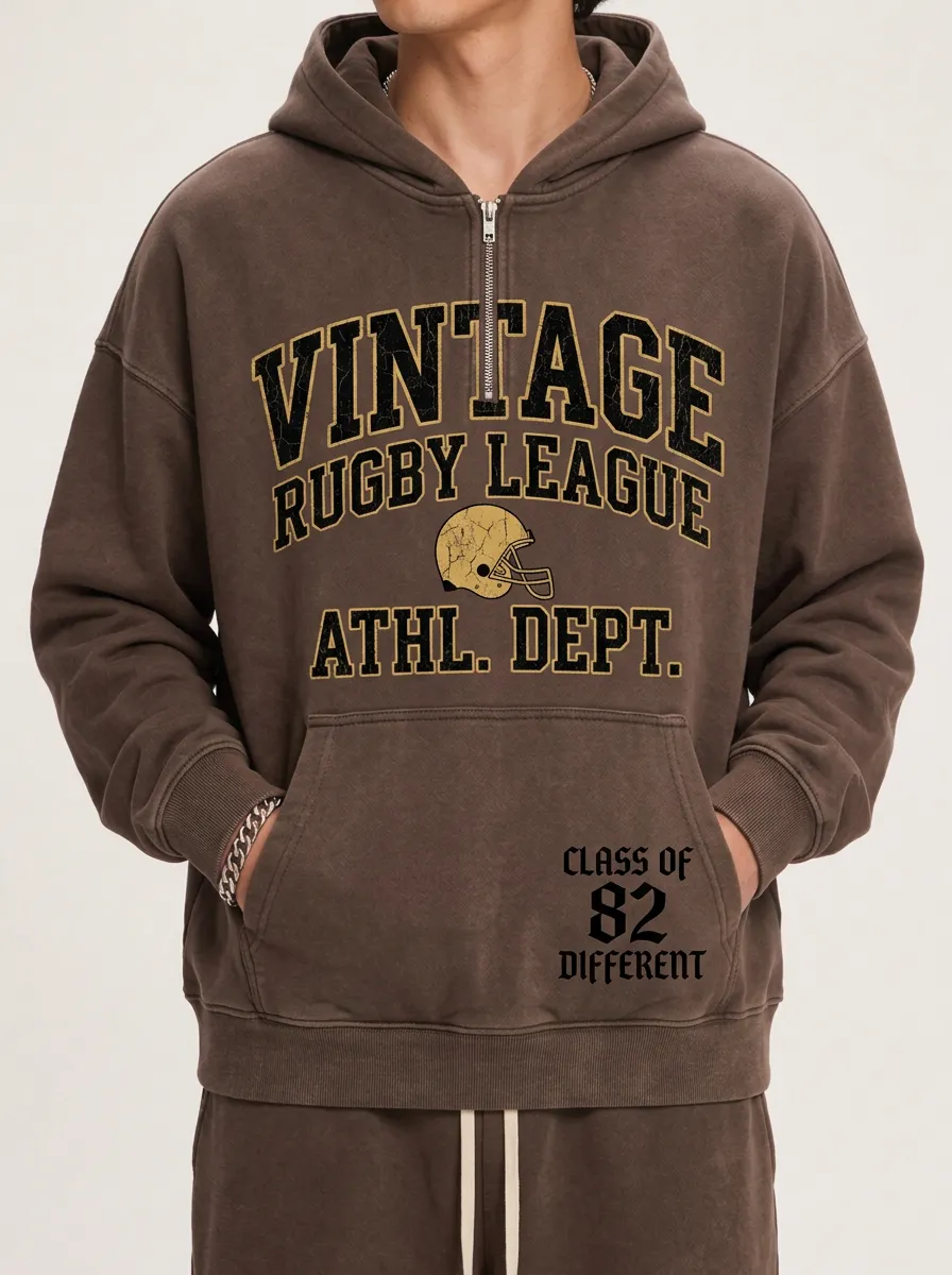 Men's Vintage Rugby League Helmet Printed Quarter Zip Hoodie
