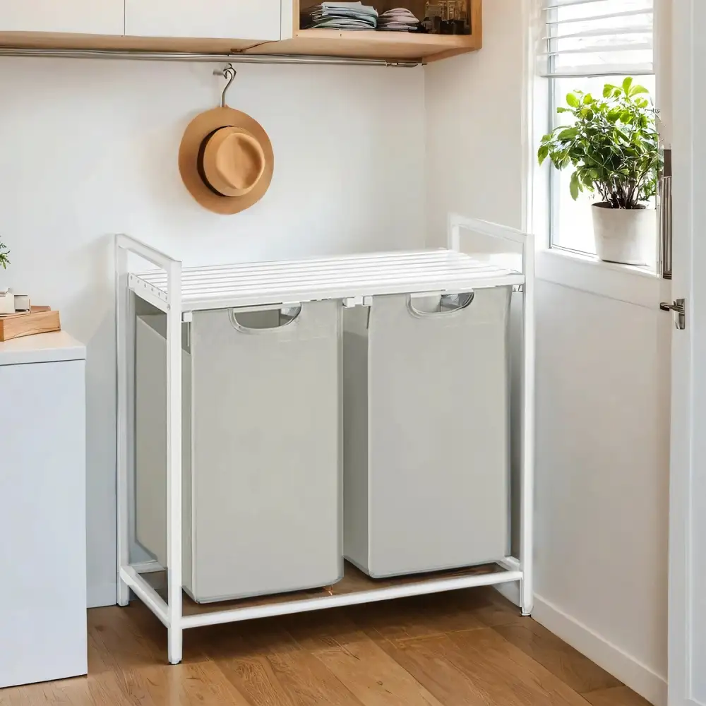 Double Compartment Removable Liner Framed Laundry Sorting Hamper