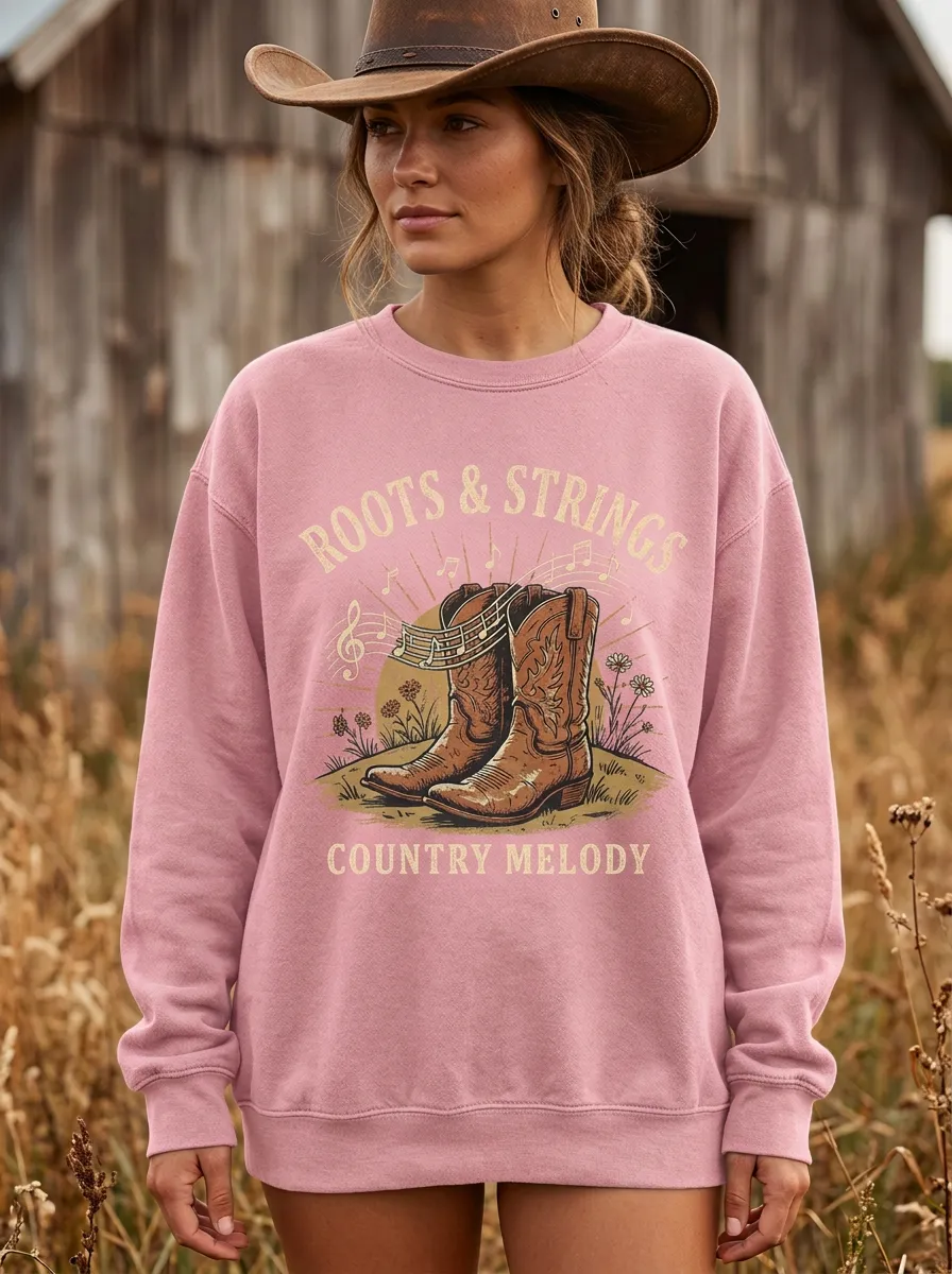 Western Music Cowboy Boots Music Notes Festival Graphic Crewneck Sweatshirt