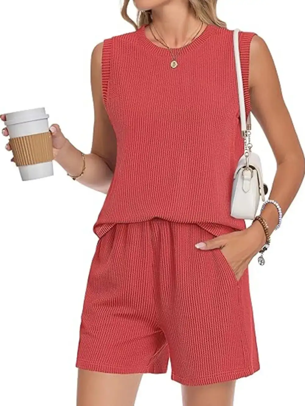Casual Ribbed Knit Sleeveless Top Shorts Set