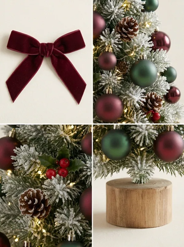 Christmas Burgundy Bow Pinecone Printed Tabletop Tree