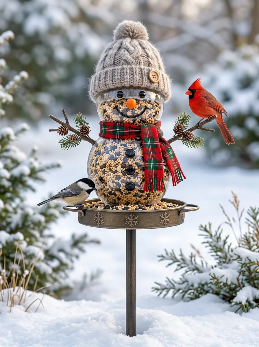 Decorative Snowman Plaid Scarf Christmas Bird Feeder