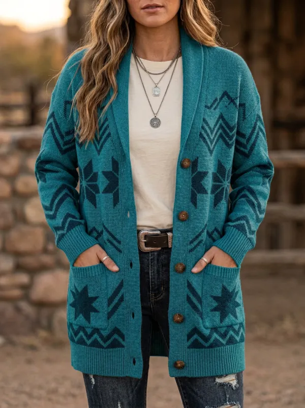 Women's Western Style Geometric Star Pattern Printed Cardigan