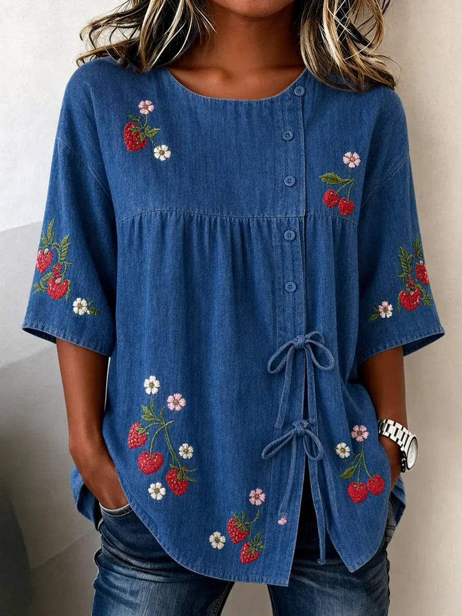 Women's Casual Art Printed Cotton and Linen Shirt