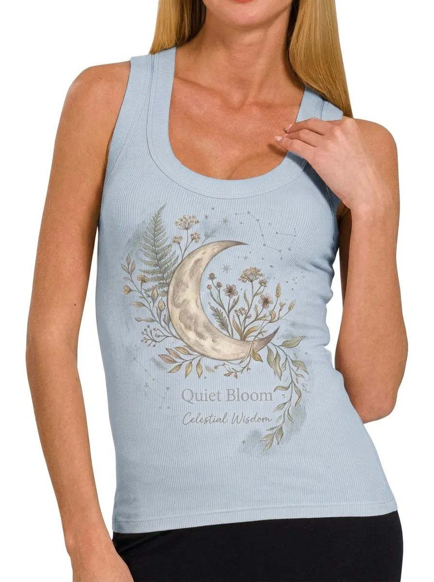Women's Celestial Moon Floral Quiet Bloom Printed Tank Top