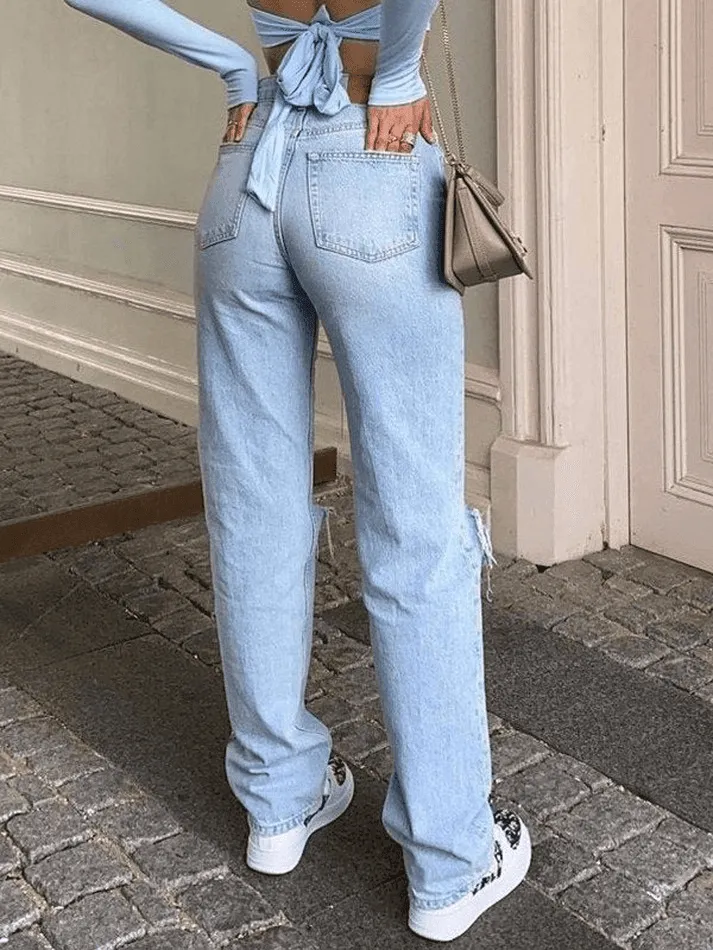 Wash Straight Leg Knee Ripped Jeans