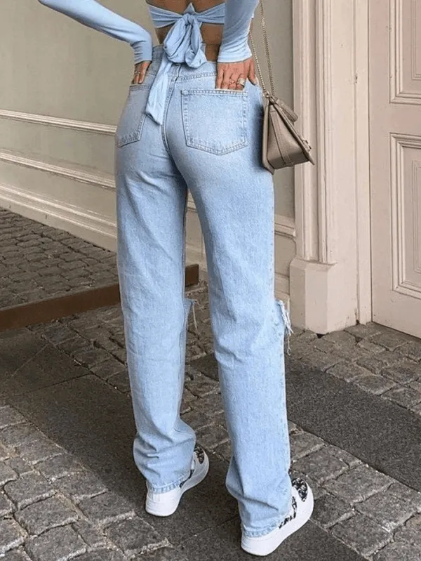 Wash Straight Leg Knee Ripped Jeans