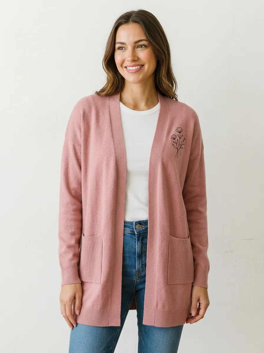 Pink Relaxed Floral Minimalist Line Art Print Cardigan