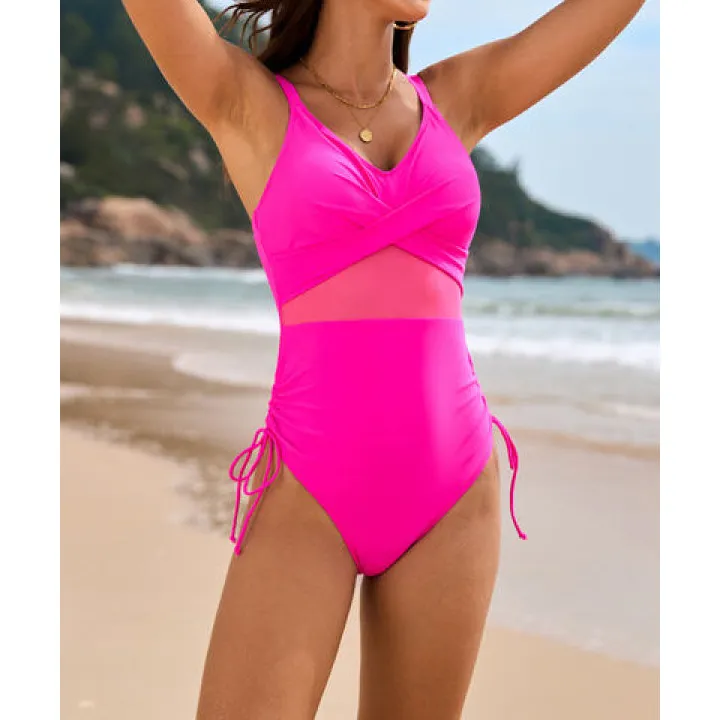 Women's Crisscross Ruched V-Neck Drawstring One-Piece Swimsuit