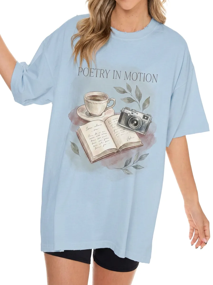 Women's Poetry Book Coffee Camera Aesthetic Printed T-shirt