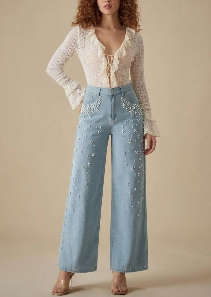 Beaded Relaxed Straight-Leg Jeans