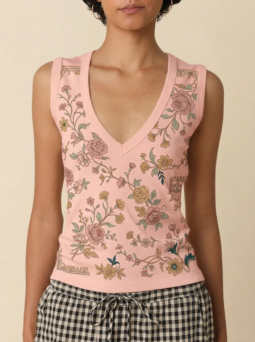 Women's Vintage Floral Botanical Printed V-neck Tank Top