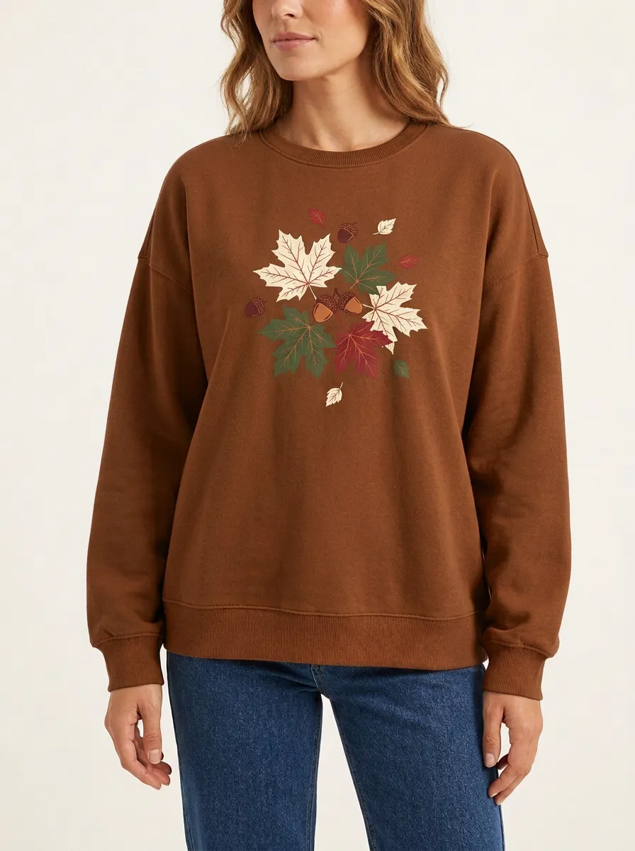 Layered Texture Maple-Leaf Printed Acorn Graphic Sweatshirt