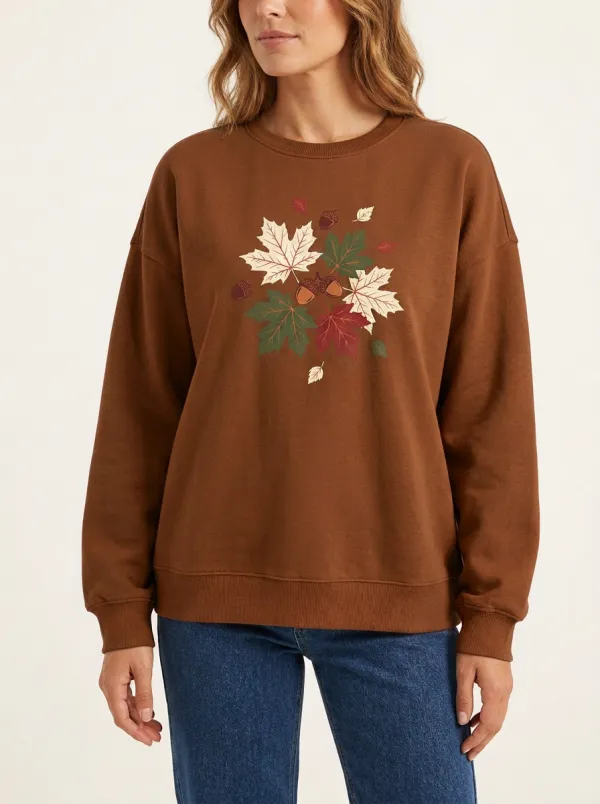 Layered Texture Maple-Leaf Printed Acorn Graphic Sweatshirt