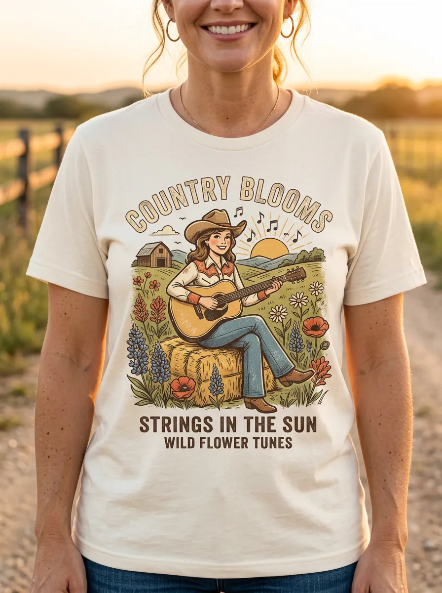 Acoustic Country Music Cowgirl Guitar Wildflower Crew Neck T-Shirt