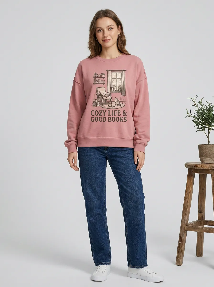 Women's Book Lover Cozy Reading Cat Printed Sweatshirt