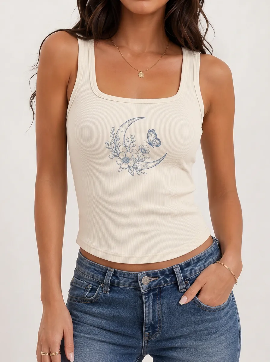 Women's Celestial Floral Butterfly Moon Printed Ribbed Tank Top