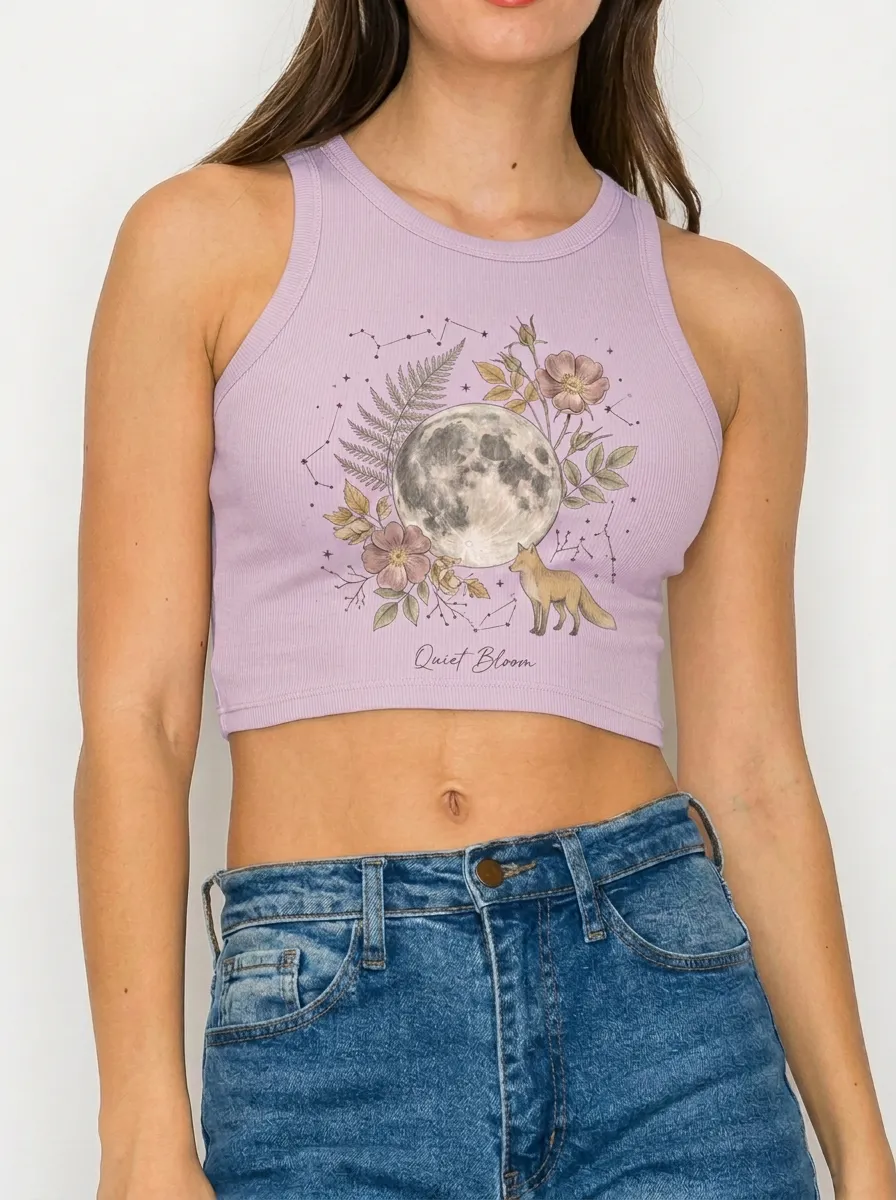 Women's Floral Moon Printed Ribbed Crop Top