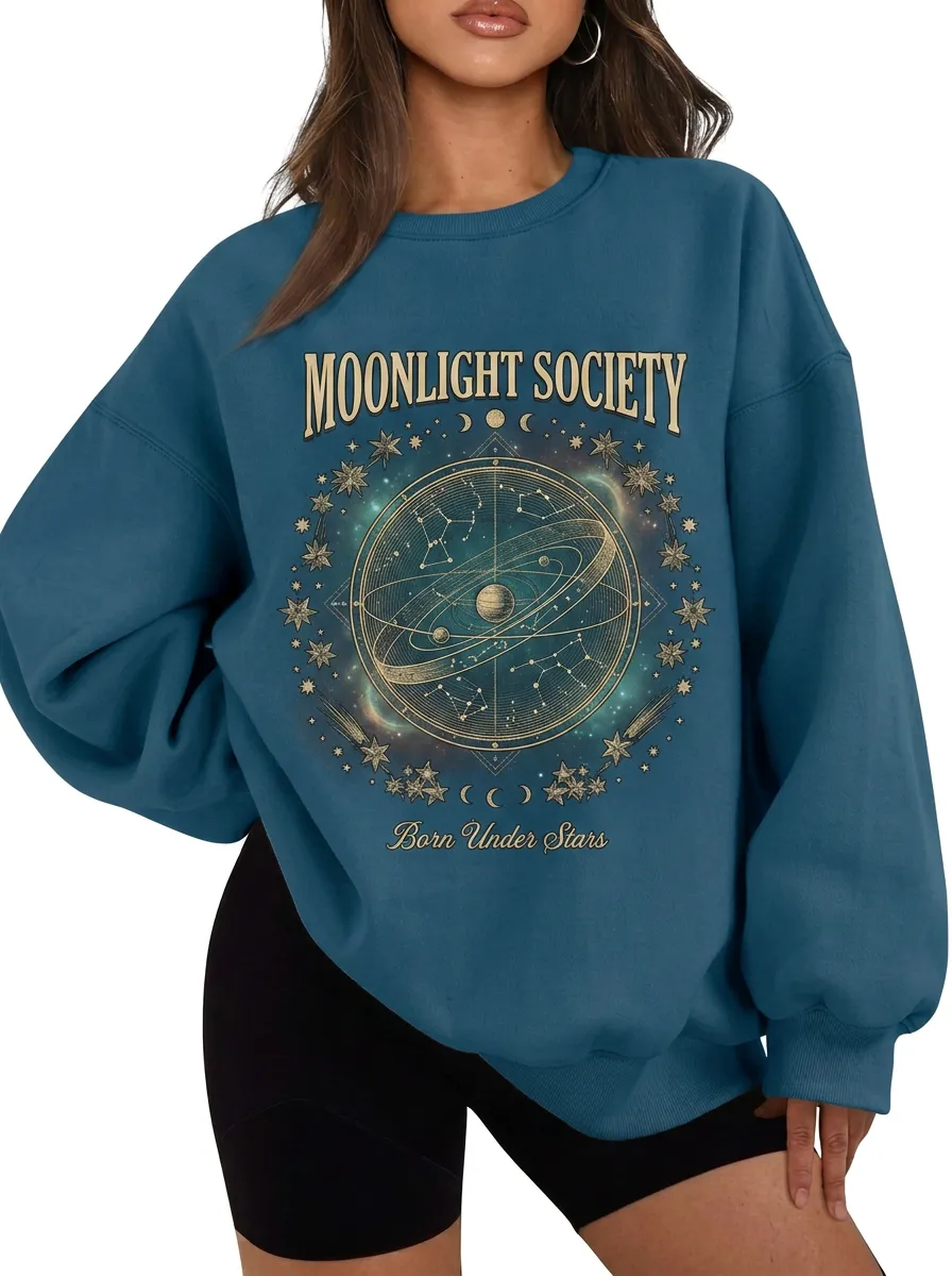 Women's Astrology Lover Moonlight Society Celestial Printed T-shirt