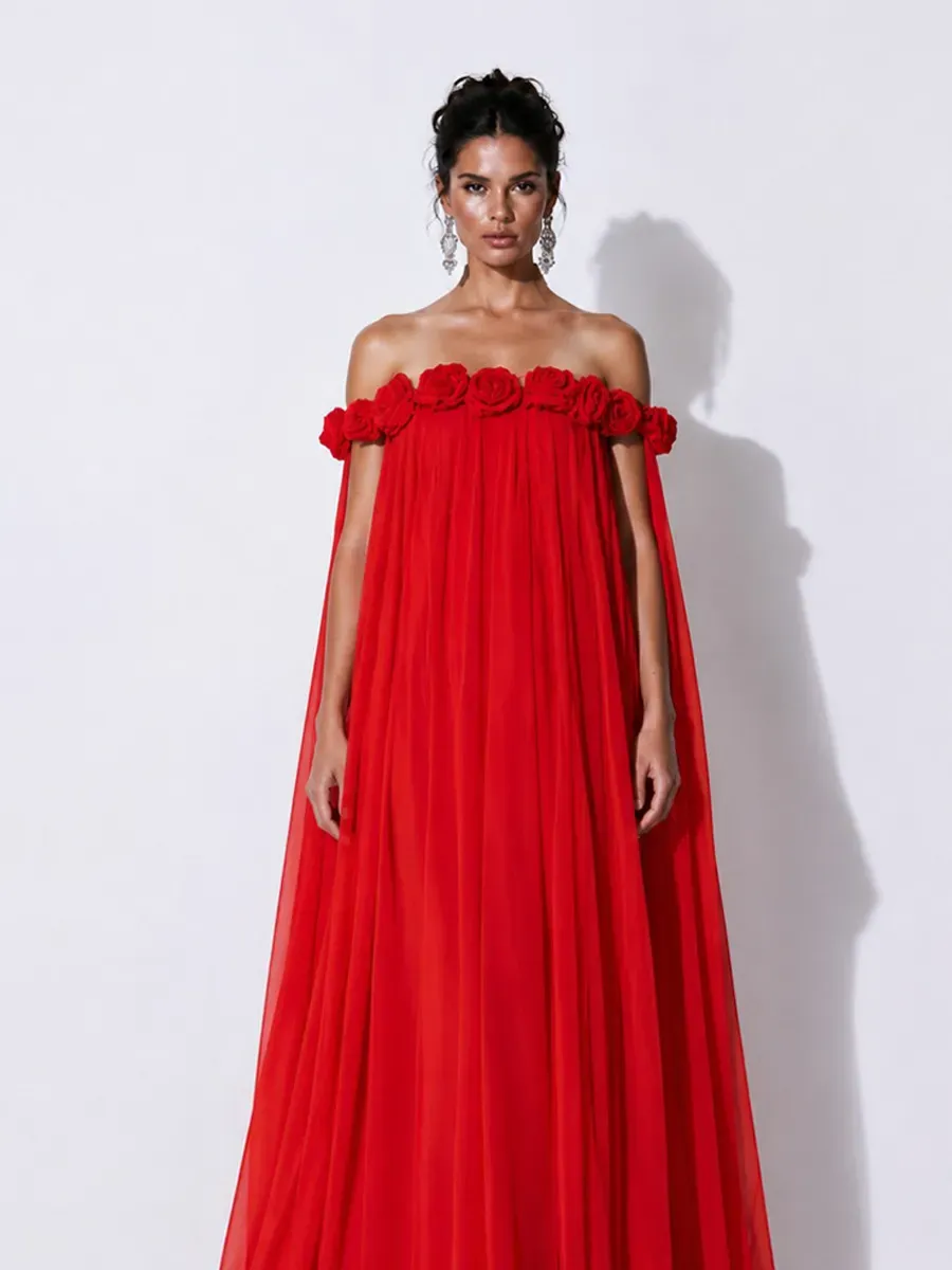 Grace 3D Floral Pleated Off-Shoulder Maxi Dress