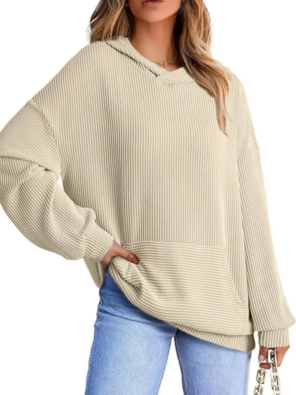 Pocketed Oversized Ribbed Hoodie