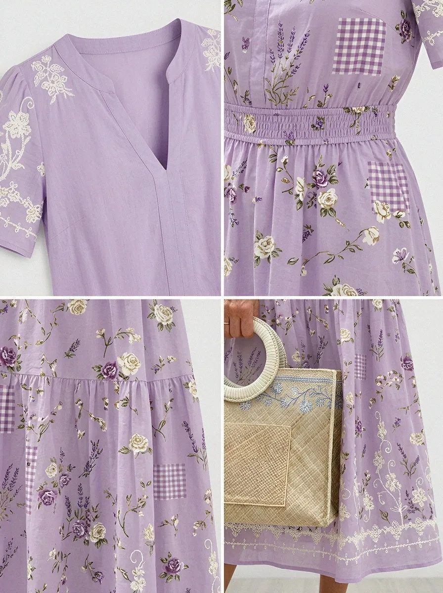 Women's Summer Vacation Lavender Floral Printed Midi Dress