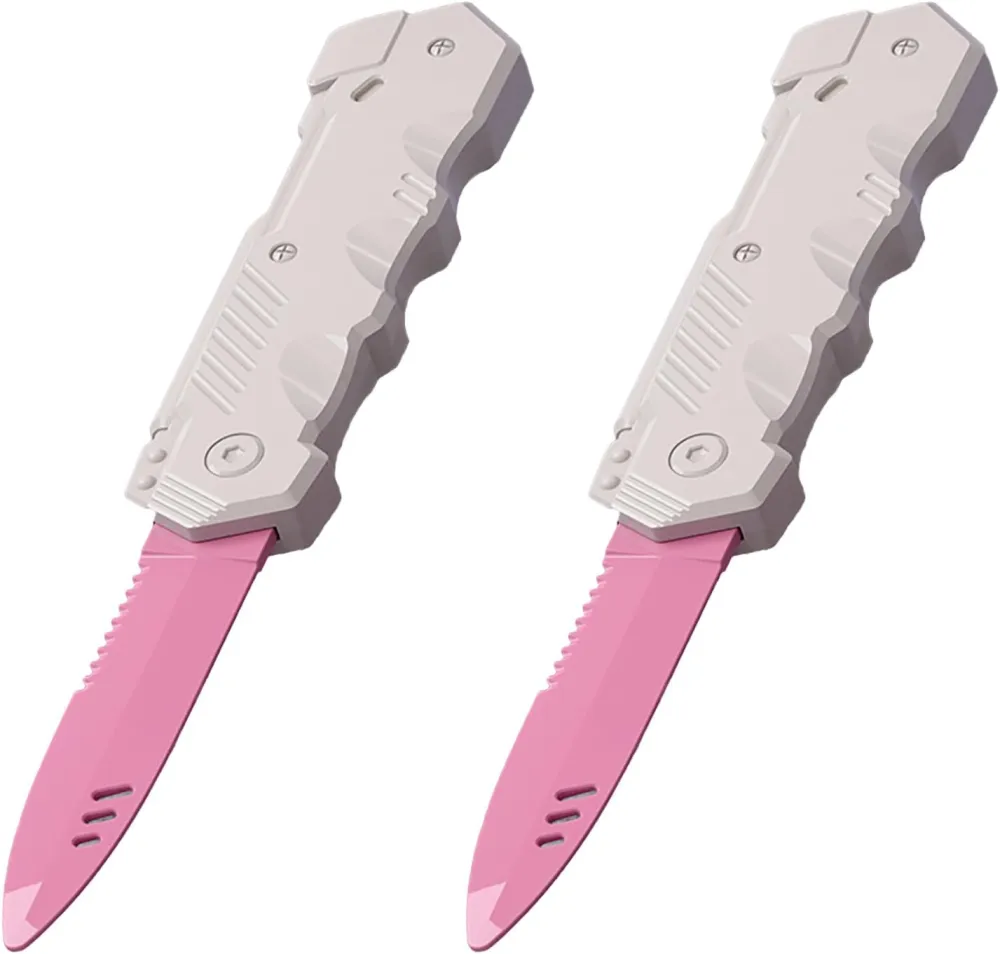 Retractable Plastic Toy Knives - 2 Pack - Safe and Fun for Kids and Adults - Great for Halloween, Cosplay, Magic Tricks and More - Green Handle Purple Blade